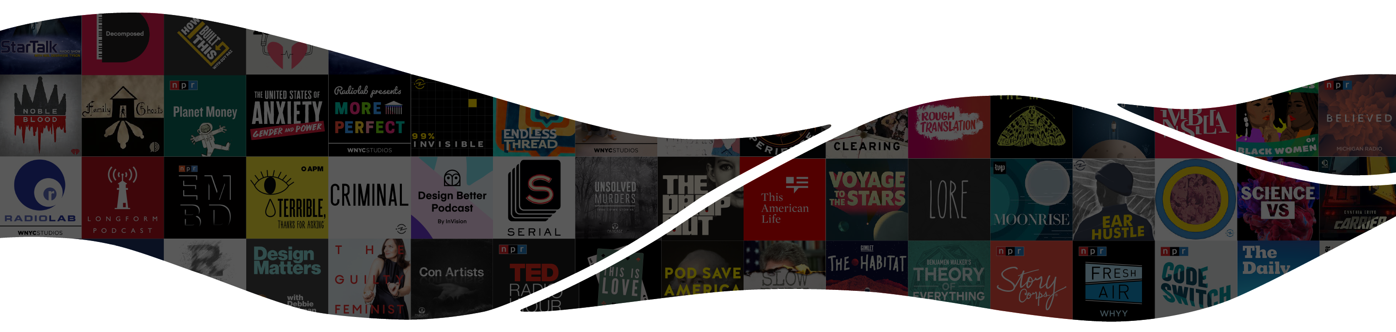 Collection of podcast show tiles. Text reads there is an ocean of content