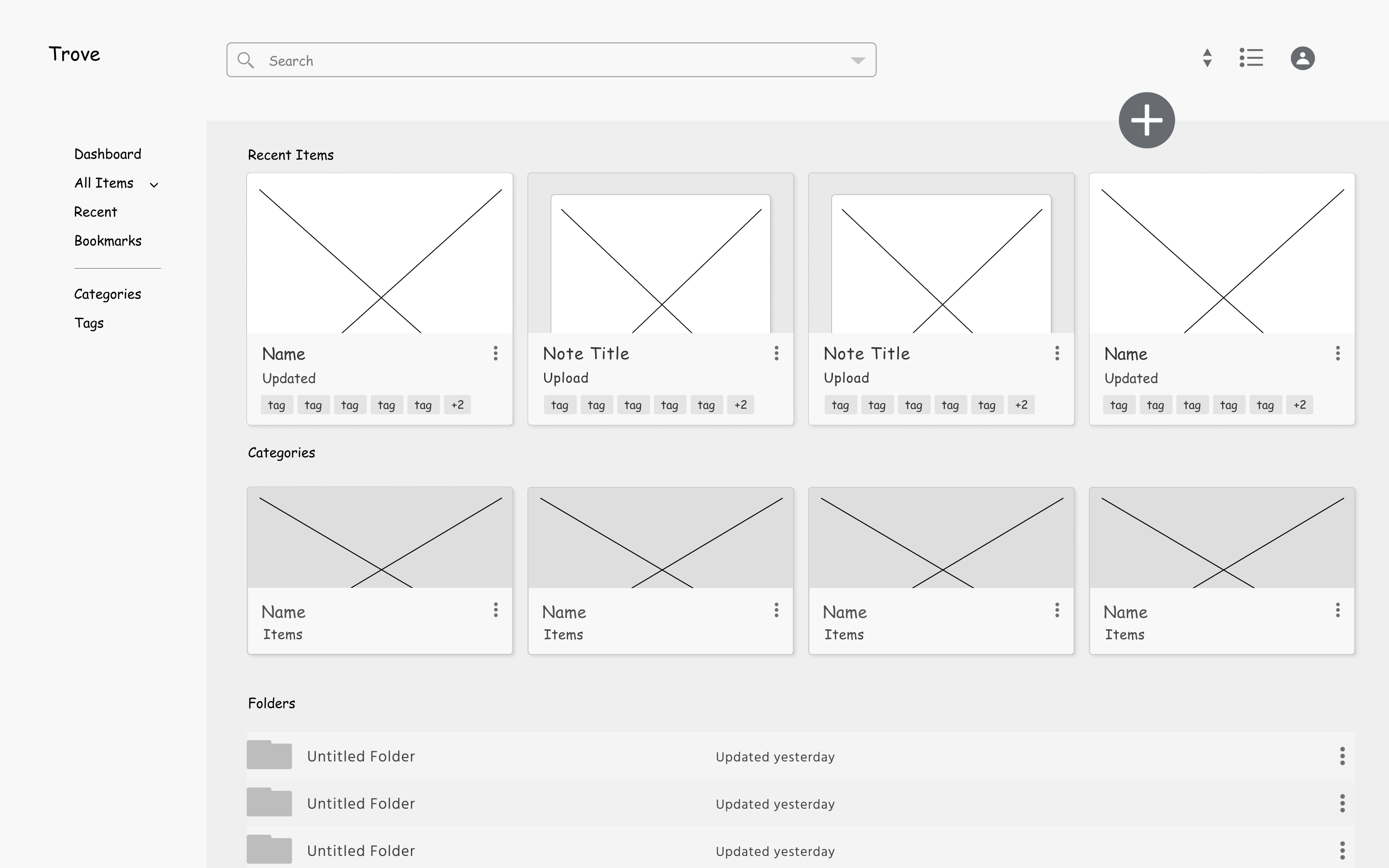 Low fidelity wireframe of dashboard with categories added