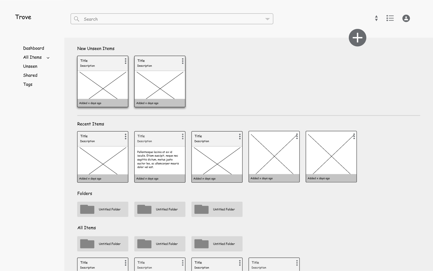 Low-fi Wireframe of the main dashboard