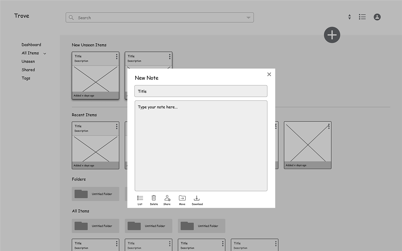 Low-fi Wireframe of how to add a note