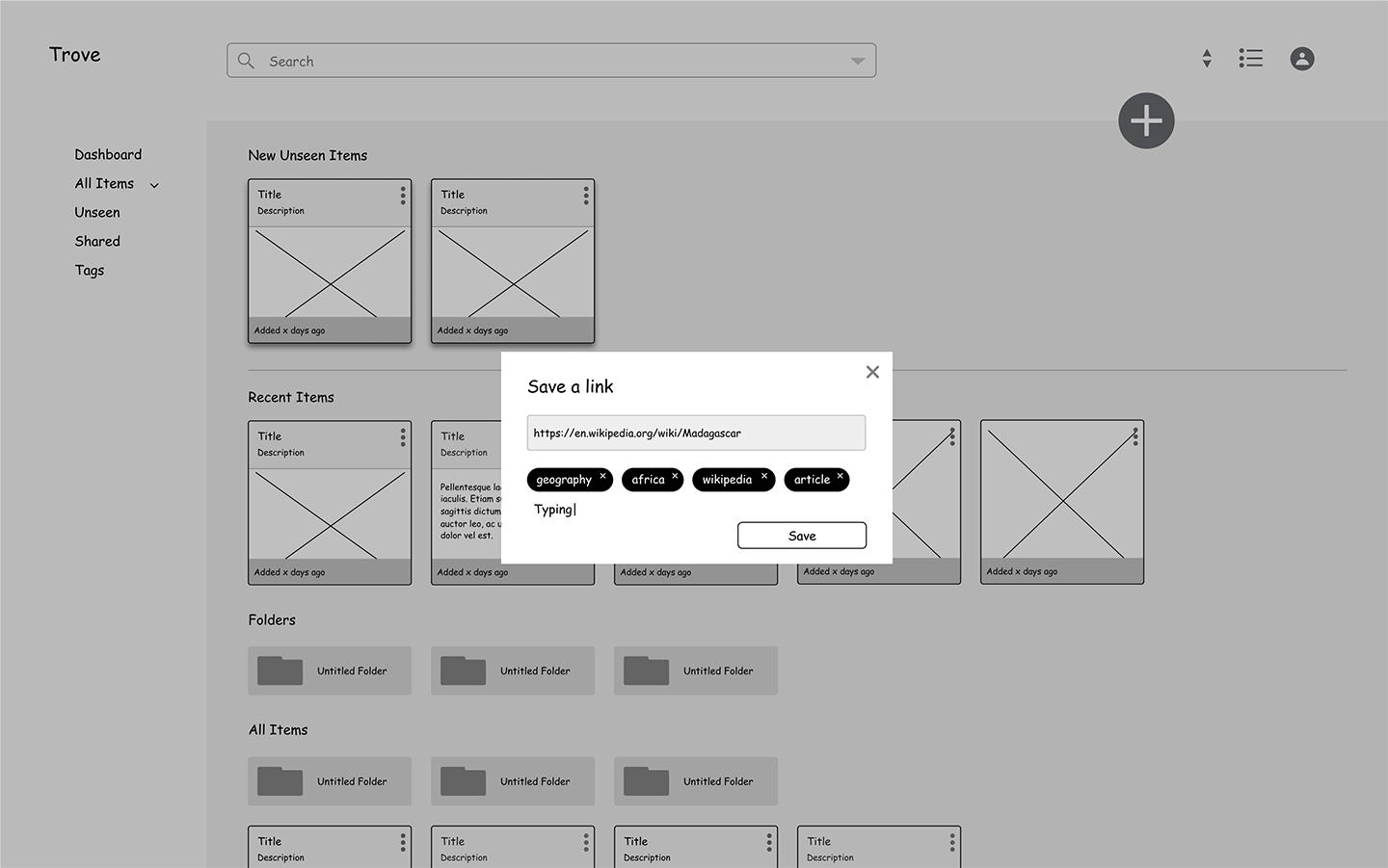 Low-fi Wireframes of saving a link