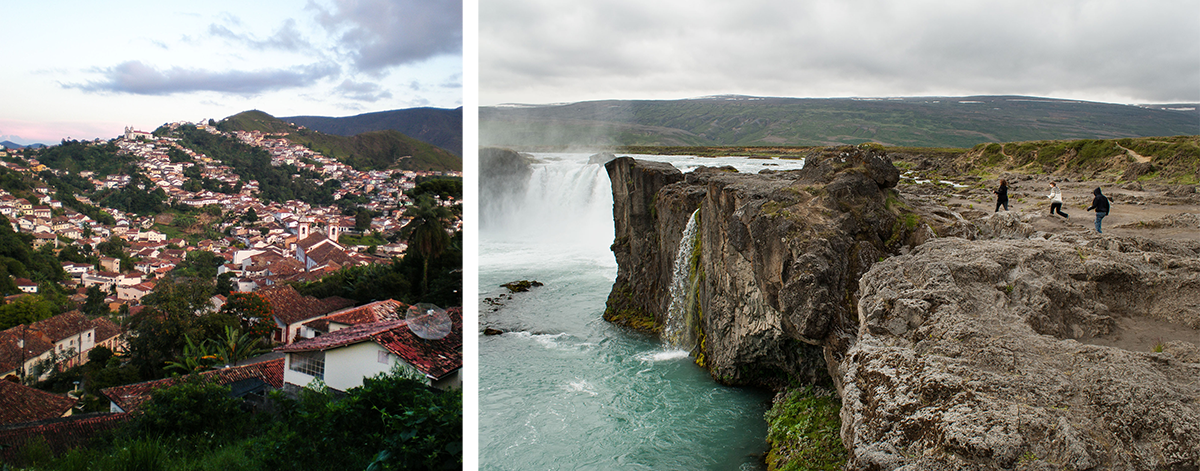 Ouro Preto in Brazil and Iceland waterfall